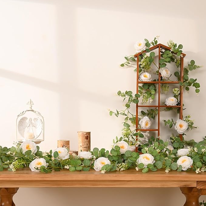Dolicer 4Pcs 26Ft Artificial Eucalyptus Garlands with Flowers, Faux Floral Greenery Garlands Fake Flowers Vines for Wedding Table Centerpieces Arch Party Ceremony Backdrop Decor (White)