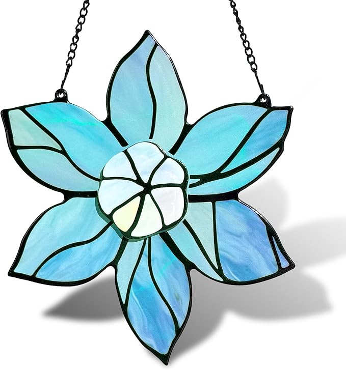 Stained Glass Window Hanging - Blue Christmas Flower Suncatcher for Doors Garden Kitchen Floral Sun Catchers Home Decor Birthday Holiday for Women Aunt Mom Nana Gardener
