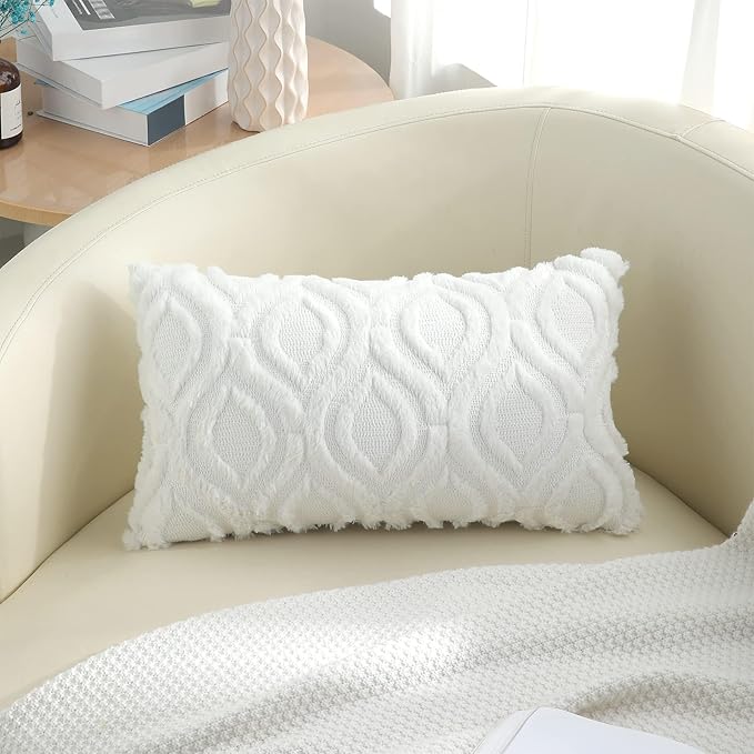 decorUhome Throw Pillow Covers 12x20 Inch Set of 2, Soft Plush Faux Wool White Solid Couch Pillow Covers, Accent Farmhouse Neutral Lumbar Pillow Cases for Sofa Bed Living Room