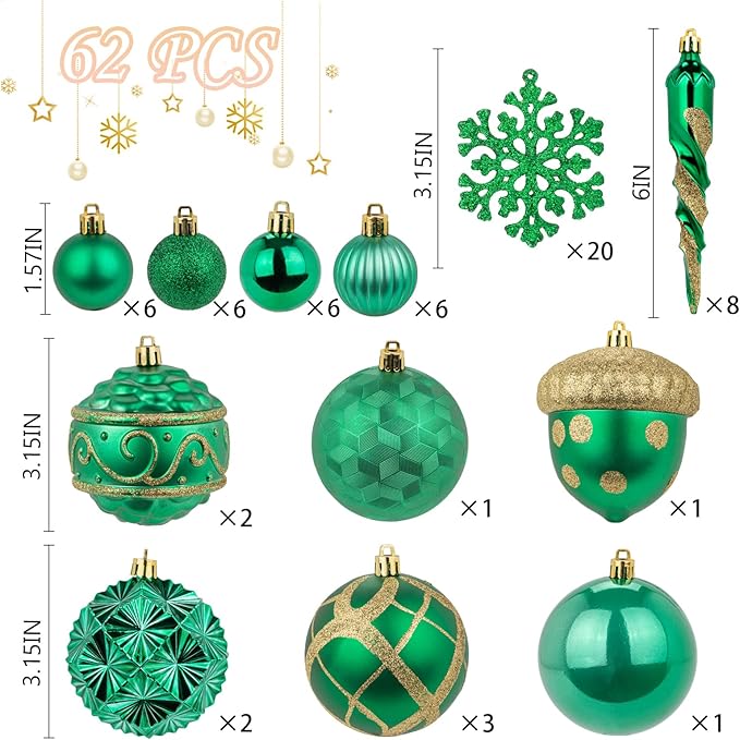 Fuovt 62pcs Christmas Balls Ornaments Set - 3.15" Big Christmas Balls - Shatterproof Plastic Decorative Baubles for Xmas Tree Decor Holiday, Wedding, Party Decoration (Green)