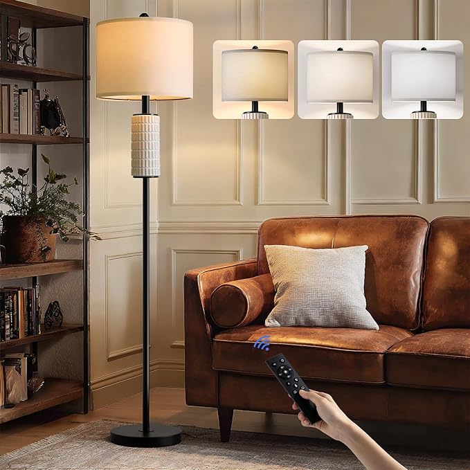 PoKat Ceramic Floor Lamp with Remote, 64" Modern Floor Lamps for Living Room with Stepless Dimmable Colors Temperature, Tall Standing Lamp for Living Room Bedroom Office, 9W Bulb Included, Black