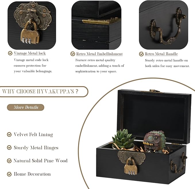 2PCS Wooden Decorative Storage Box with Lids Handmade Memory Box for keepsakes Metal Handle Treasure Chest Vintage Wood Baskets with Code Lock Jewelry Box Desk Organizer Container, Black