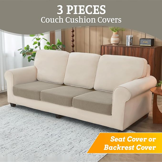 Sectional Couch Covers for Sofa Cushion L Shaped Couch Cover Washable Soft Couch Cushion Covers Stretch Sofa Slipcovers(3-Piece for Sofa Seat or Backrest, Taupe)