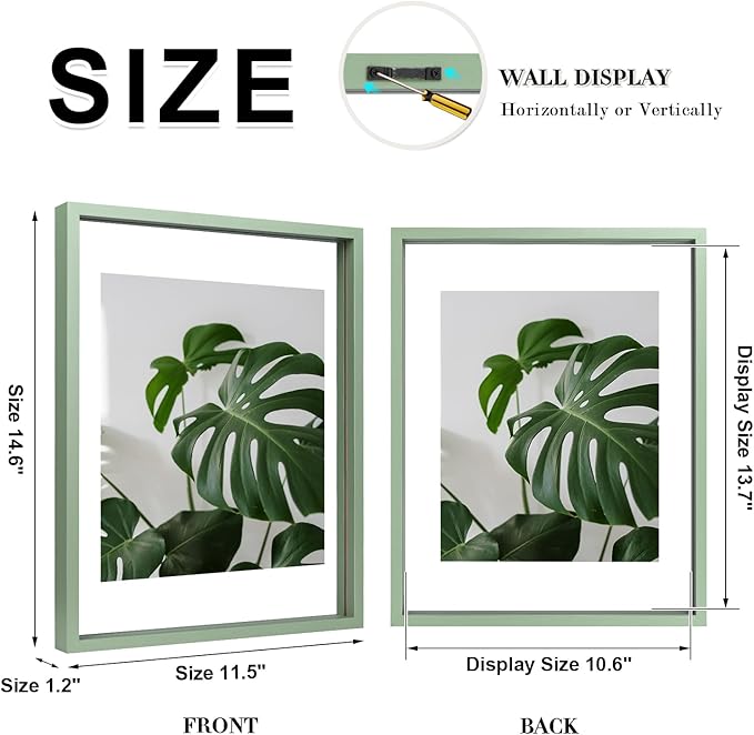 Egofine 11x14 Floating Frames Set of 2, Double Plexiglass Picture Frame, Made of Solid Wood Display Any Size Photo up to 11x14, Wall Mount or Tabletop Standing, Green