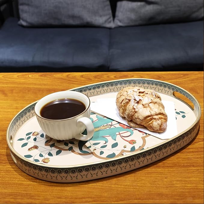 Oval Plastic Serving Tray with Handles, Elegant Decorative Tray for Coffee Table, Ottoman, Living Room, Kitchen, Outdoor Use. 10"*16"*1.4" A