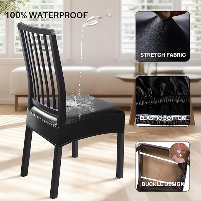 SearchI Waterproof PU Dining Chair Seat Covers Set of 6, Soft Removable Washable Seat Covers for Dining Chairs, Dining Room Seat Cover Protector (Rear-Covered, PU Black)