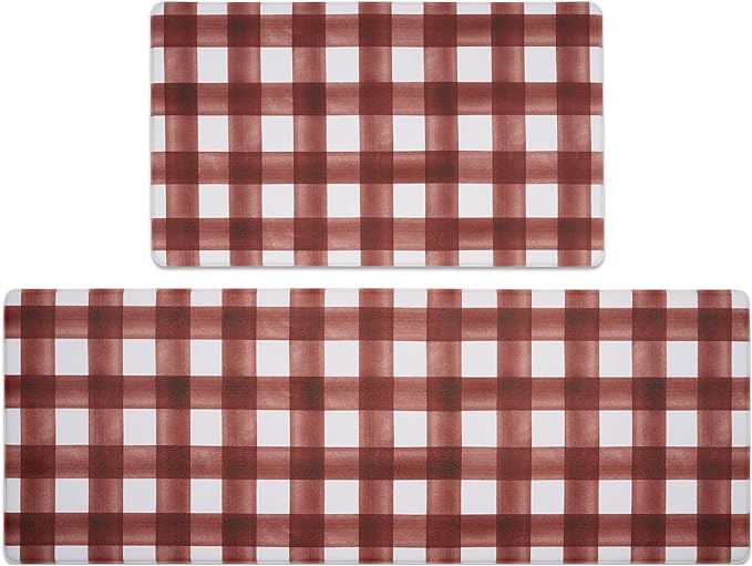 FRESHMINT Modern Farmhouse Plaid 2 Piece Set Kitchen Mats for Floor Anti Fatigue Waterproof & Non-Skid Kitchen Rugs Cushioned Kitchen Mat for Standing Washable Comfort Desk Kitchen Runners