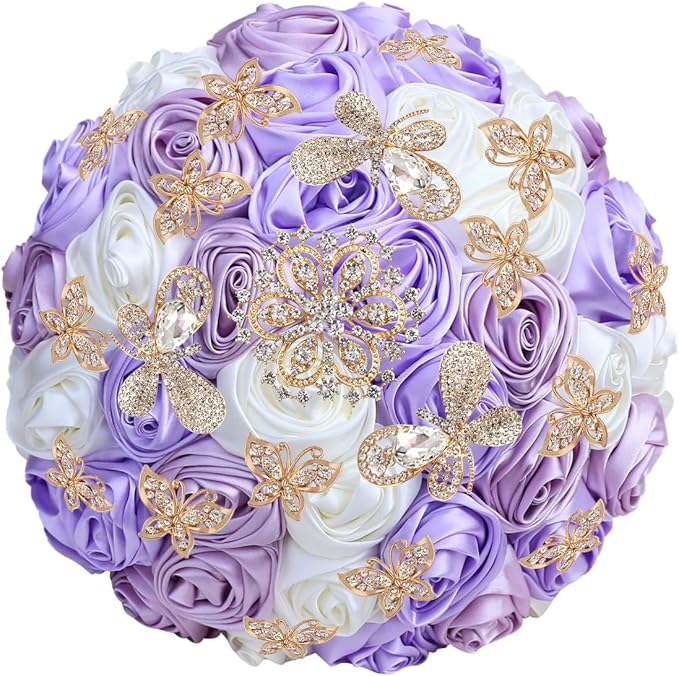 Handmade Floral Satin Rose Butterfly Shape Rhinestone Bridal Bouquet Luxury Golden Rhinestone Artificial Flowers for Wedding
