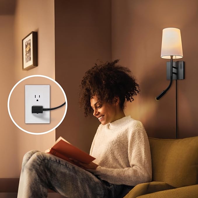 GLOBE Electric 1-Light Plug-in or Hardwired Wall Sconce with LED Integrated Reading Light, USB-A Port, USB-C Port, Matte Black, White Fabric Shade, On-Off Pull Chain and Rocker Switch