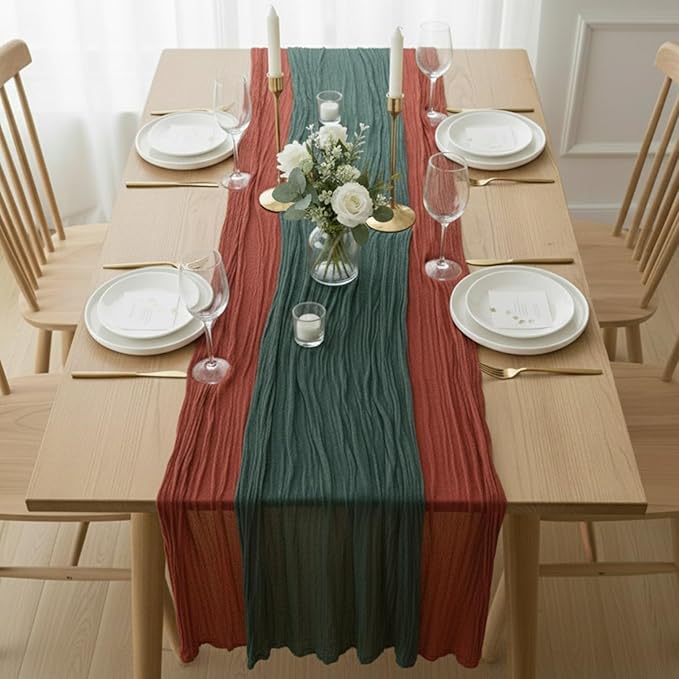 Cheesecloth Table Runner 2 Pack Terracotta and Dark Green, Boho Gauze Table Runner 10Ft 120 Inches Long for Wedding Decor, Party & Home Table Decoration