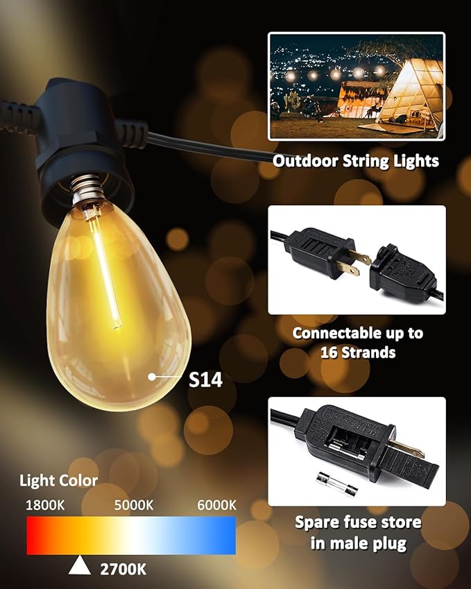 Outdoor String Lights, 50FT Patio String Lights with 27 S14 Vintage Waterproof & Shatterproof LED Bulbs, 2700K Hanging String Lights for Outside Backyard Cafe Garden Bistro Porch