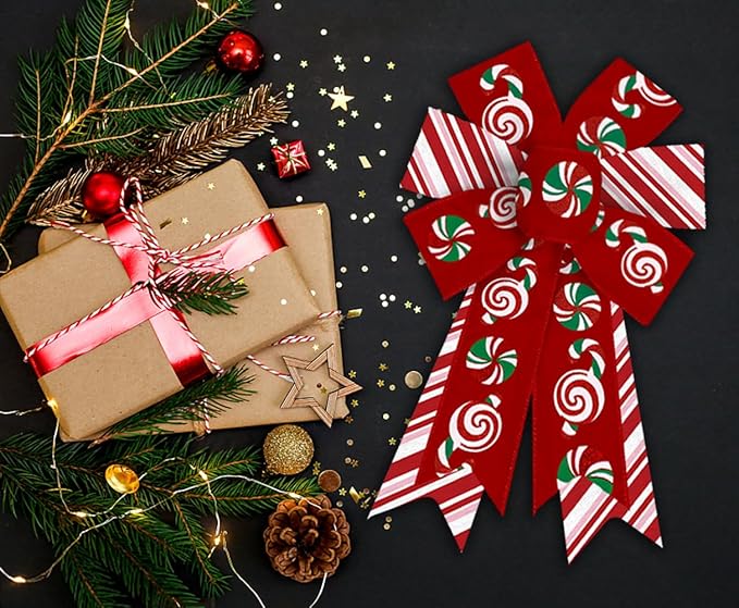 ABTOLS 2PCS Christmas Wreath Bows, Red Pink White Stripe Bows for Wreath Xmas Candy Decor Bow for Front Door Green Tree Topper Bows for Winter New Year Wall Ornaments Home Indoor Outdoor Decor