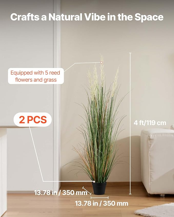 VEVOR Artificial Grass Plant, 2 Pack 47 inch Reed Flower Grass in Pot, Premium PVC Faux Fake Greenery Shrubs Plant for Indoor Outdoor House Home Garden Office Room Décor, Housewarming, Green