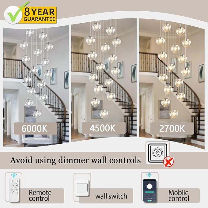 H138 LED Staircase Chandelier 15-Lights Glass Globe Pendant Light Large Chandeliers for High Ceilings, Entryway Modern Lighting Fixture Villas and Stairs