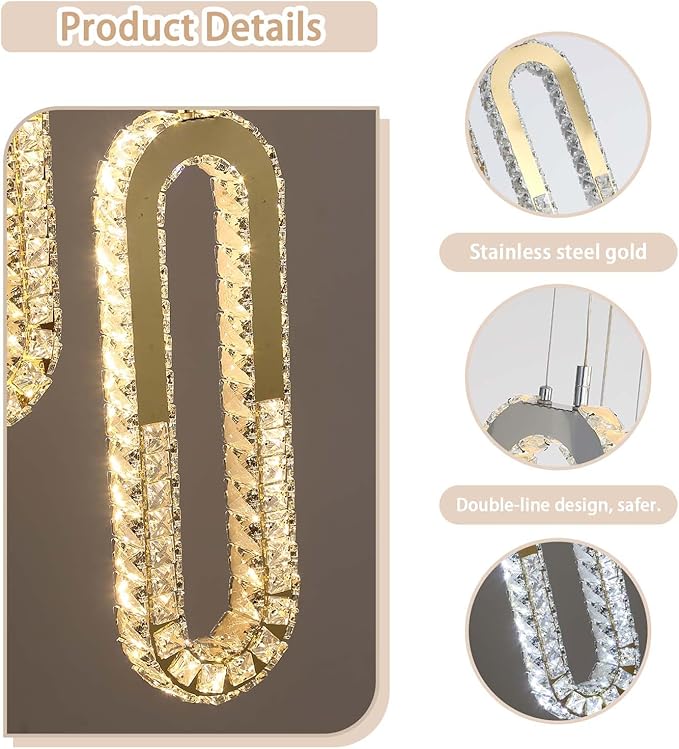 H138 Large Chandelier for High Ceiling,Modern 16-Rings Crystal Chandeliers for Entryway,Gold Pendant Light for Living Room,Foyer,Entryway LED Dimmable Staircase Chandelier