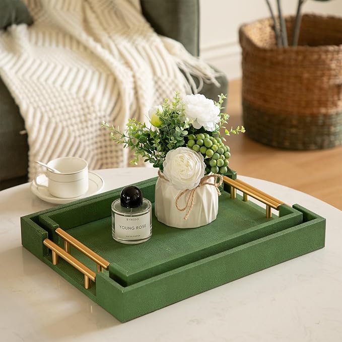 Decorative Tray Set of 2, Green Shagreen Leather Tray, Modern Elegant Rectangle Serving Trays with Gold Polished Metal Handles, Ottoman Trays Coffee Table Perfume Kitchen Home Decor