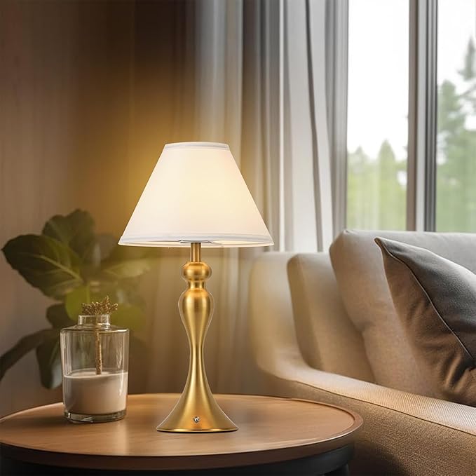 Rechargeable Cordless Table Lamps, Battery Operated Lamp with Fabric Shade for Decor, 3 Color Stepless Dimming LED Table Light, Nightstand Lamp for Nursery, Bedroom, Living Room, Home Office (Brass)