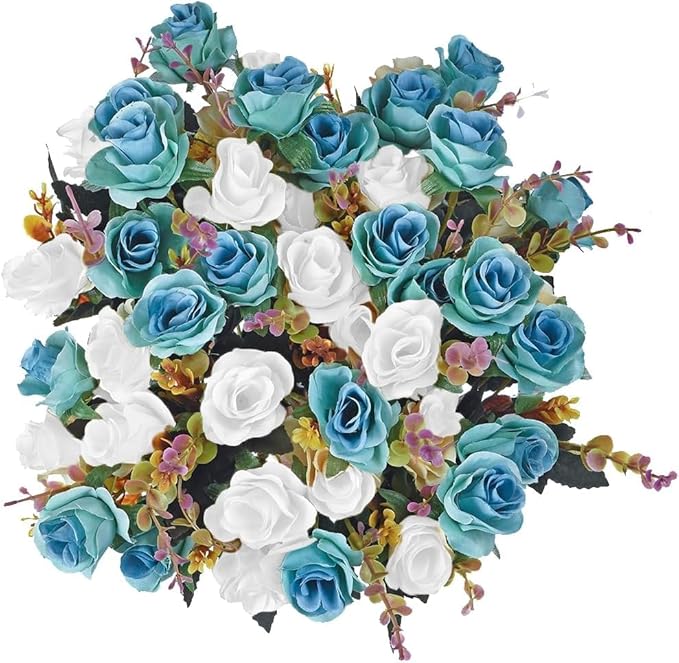 4 Bunches of Artificial Roses. 48 Small Roses. Plastic Silk Flower .Suitable for Plant Decoration of Family Hotel Wedding Christmas.（Peacock Blue）
