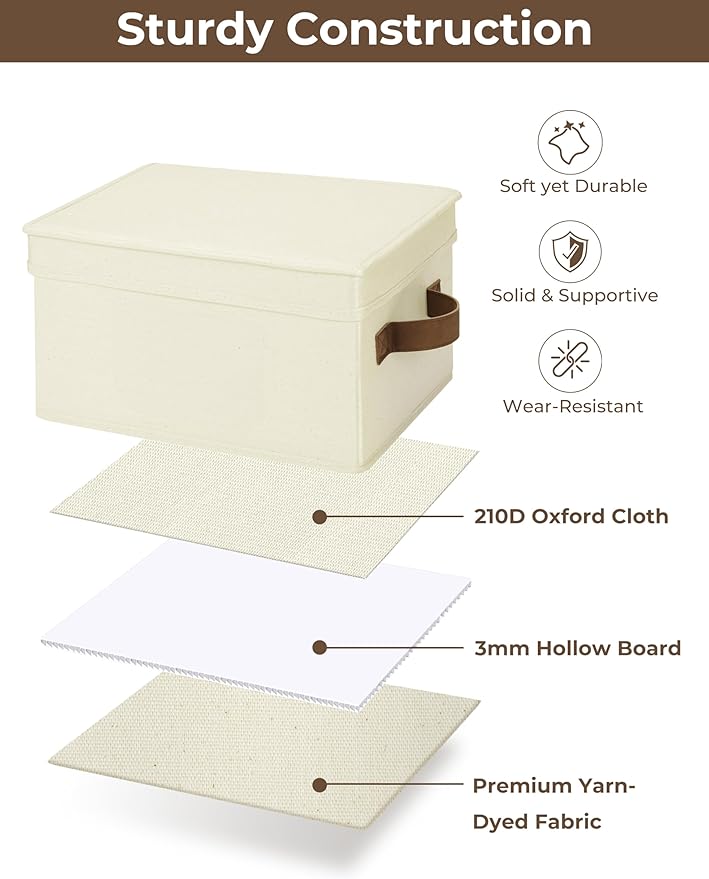 StorageWorks Storage Bins with Lids, Decorative Storage Boxes with Lid and PU Handles, Foldable Storage Baskets for Closet, Shelves, Stackable, Ivory, Medium, 3-Pack