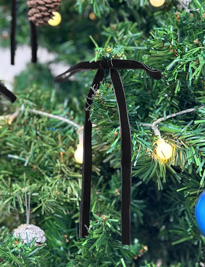 SIMISI RIBBON 24Pcs Black Christmas Velvet Ribbon Bows Decorations Xmas Ornaments Vintage Decor for Tree, Wreath, Garland (3/8'' Width, 5 * 7 inch)