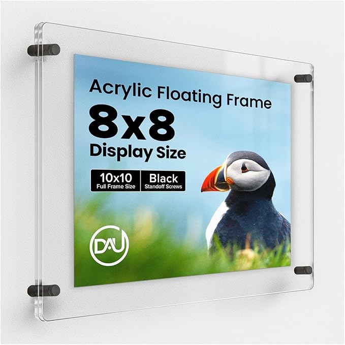 Acrylic Floating Frames Black Standoffs(single) 8" x 8" Clear Acrylic Frames for Wall Mount Floating Picture Frame, Diploma Poster Certificate Hanging Photo Display Degree Prints Artwork Documents