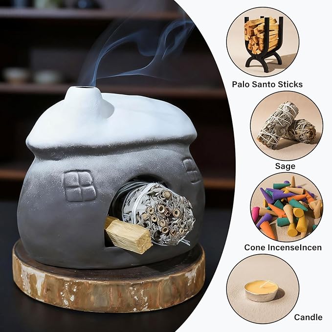 Wide Snow-Roofed Palo Santo Burner - Mini Chiminea Incense Holder, Tabletop Chiminea Palo Santo Stick Holder Ideal for Smudging Sage, Burning Incense Cones for Zen-Inspired Home Decor Gift