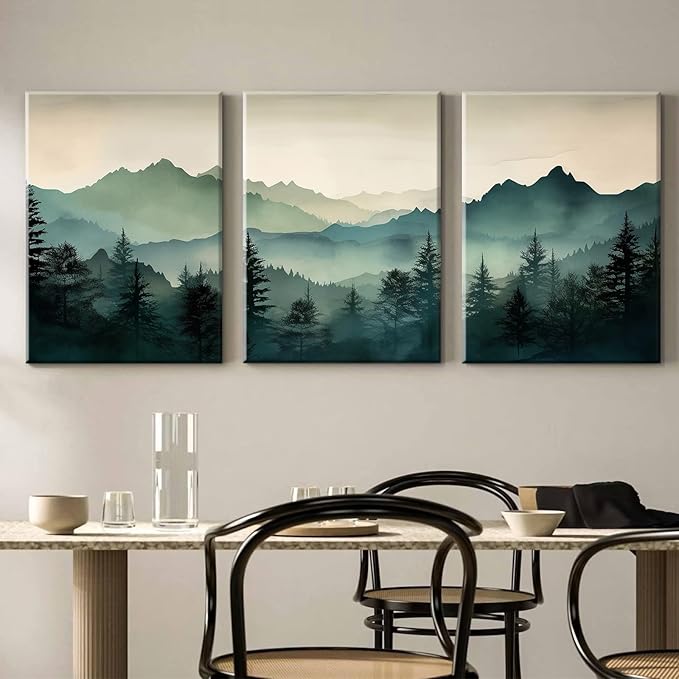 Mountain Wall Art Decor Set of 3 Sage Green Forest Canvas Wall Art Prints Nature Landscape Wall Decor Watercolor Pine Tree Pictures Abstract Modern Painting for Living Room Bedroom 12x16 Inch Framed