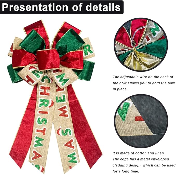 On-Airstore Large Christmas Wreath Bows, Christmas Words Velvet Ribbon Bows for Wreaths, Large Tree Topper Bows for Christmas Home Garden Indoor Outdoor Party Decoration Wreath Ornament Supplies