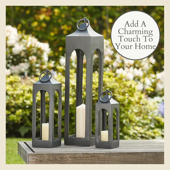 CG Hunter Small Black Lantern, Rustic Metal Decorative Lantern, Candle Holder for Indoor & Outdoor, Home Decor for Patio, Garden & Tabletop, Hanging Lantern for Parties & Weddings