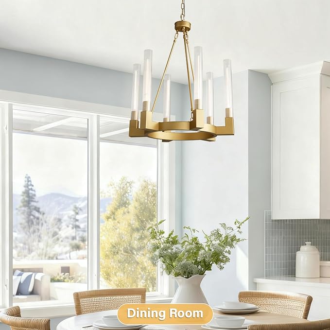Gold Farmhouse Wagon Wheel Chandelier with Glass Tube, 23.6 Inch Large Round 6-Light Luxurious Chandelier Fixture Ceiling Pendant Lighting for Living Room, Dining Room, Bedroom, Foyer