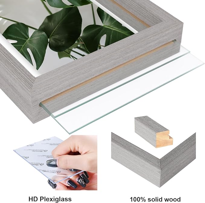 Egofine 12x12 Floating Frames Set of 2, Double Plexiglass Picture Frame, Made of Solid Wood Display Any Size Photos up to 12x12, Wall Mount or Tabletop Standing, Light Grey