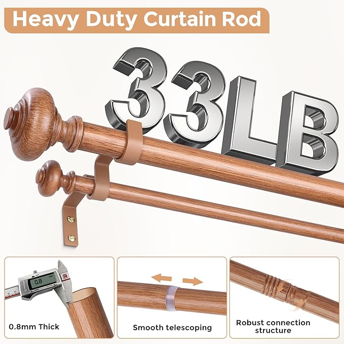 Wood Double Curtain Rods for Windows 36 to 72 inch, Boho Vintage Decorative 1 Inch Adjustable Dual Curtain Rod, Heavy Duty Farmhouse Double Drapery Pole with Imitation Wood Grain Finials