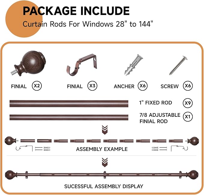 Wood Bronze Curtain Rods for Windows 28"-144" (2.3-12ft), 1" Heavy Duty, Imitation Wood Grain Finials, Adjustable, Bronze Wood