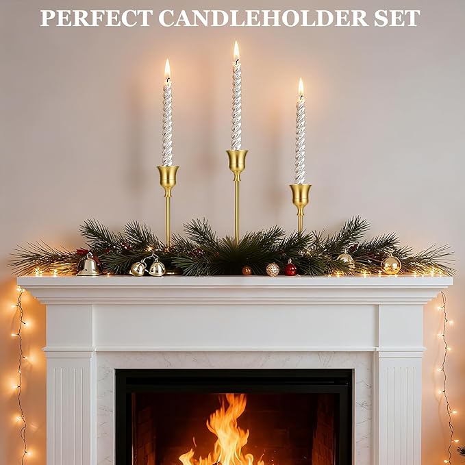 Mellotesy Taper Candle Holders Set of 3 - Tall Vintage Brass Gold Candlesticks for Dining Table, Wedding Centerpiece, and Mantel Decor