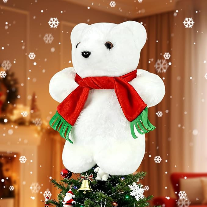 Eyourlife Polar Bear Christmas Tree Topper with Red Scarf, 9inch Winter Cute Plush Stuffed White Polar Bear Tree Topper Decor for Party Home Gifts Xmas Christmas Indoor/Outdoor Tree Top Decoration