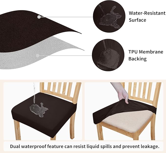 Easy-Going 100% Waterproof Seat Covers for Dining Room Chairs Set of 6, Stretch Chair Seat Slipcovers Protector Removable and Washable Kitchen Dining Chair Covers, Chocolate