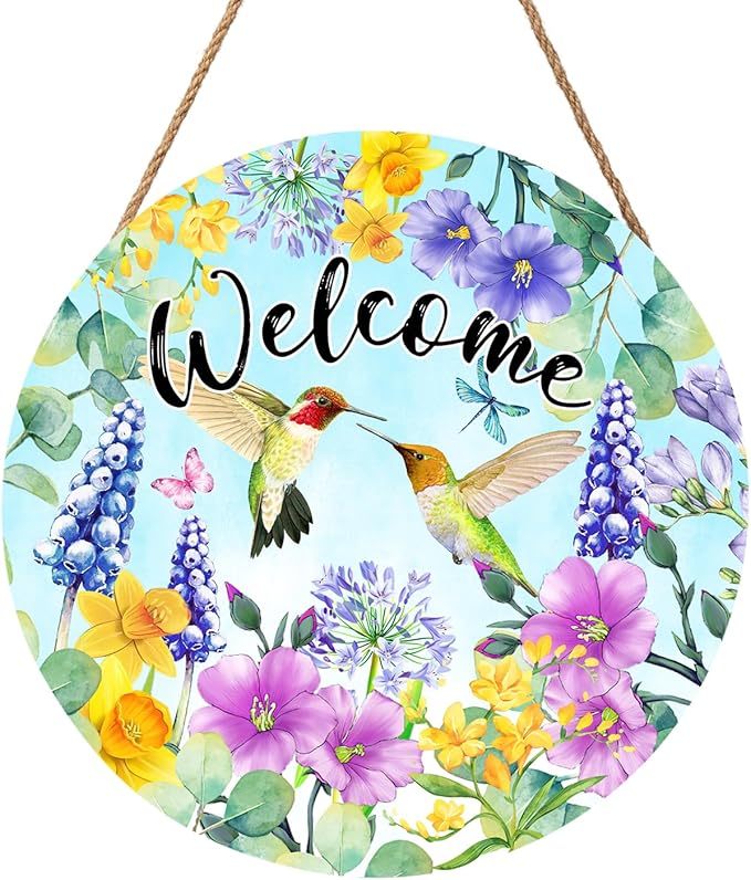 Welcome Spring Hummingbird Front Door Sign Decor 12"x12" Spring Floral Flowers Wood Door Hanger for Outdoor Outside Porch Seasonal Summer Farmhouse Wooden Wreath Wall Hanging Sign for Home Yard