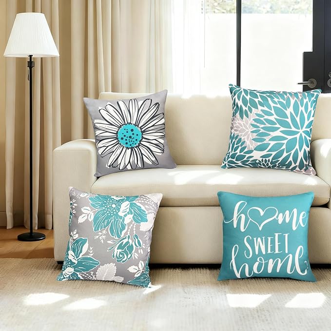 Decorative Throw Pillow Covers Set of 4 Teal Pillow Covers 22x22 inch Throw Pillow Cases Linen Square Pillow Case,Farmhouse Outdoor Modern Boho Pillow Covers for Couch Sofa Living Room