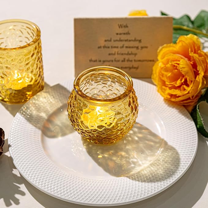 24-Piece Amber Glass Votive Candle Holders Set – Tealight Candle Holder Glass Bulk with 12 Round & 12 Hammered Textured Cups, Amber Votive Candle Holders for Weddings, Parties, Home
