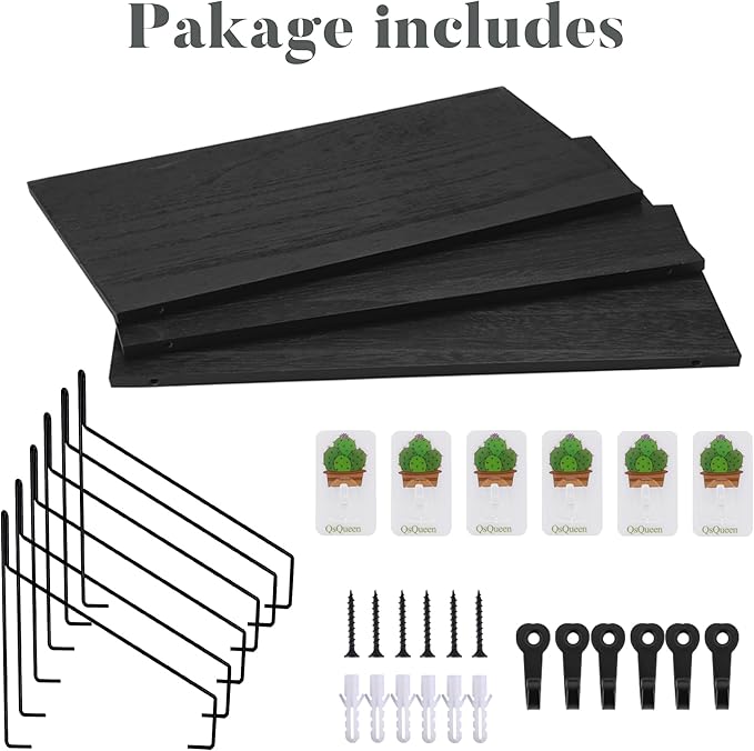 Elevate Your Space with Rustic Wood Floating Shelves Set of 3- Perfect for Bedroom, Living Room, Bathroom, and Kitchen Decor - Easy Installation, No Drilling Needed! Black