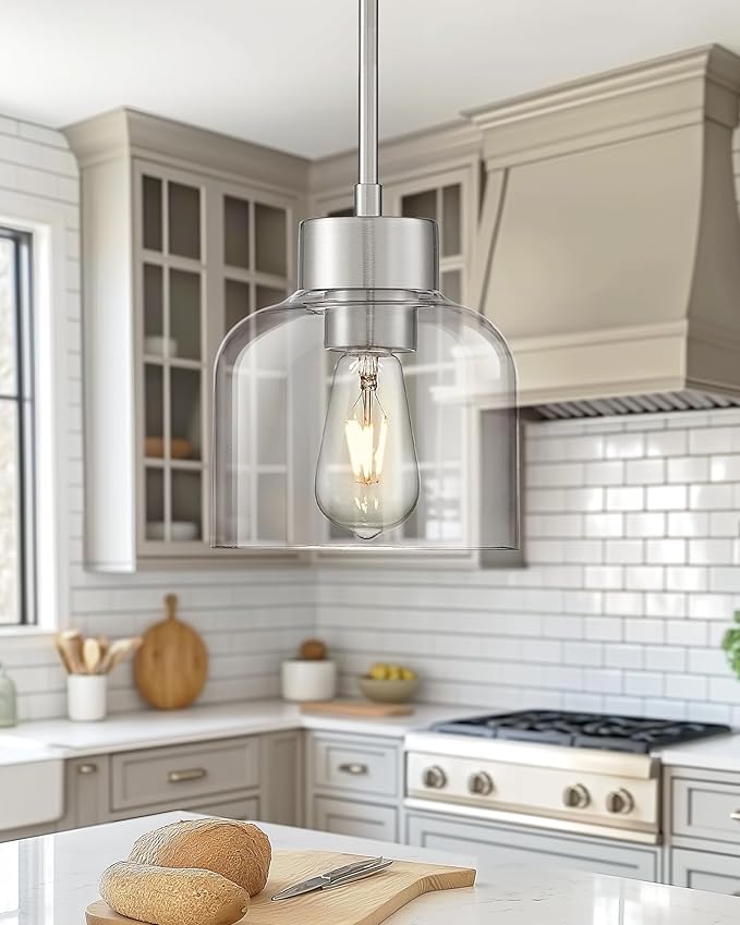 Pendant Lights Kitchen Island, 7" Brushed Nickel Hanging Lights Fixtures with Clear Glass Shade, Modern Kitchen Pendant Lighting Over Island for Dining Room, AD-24024-1P-SN