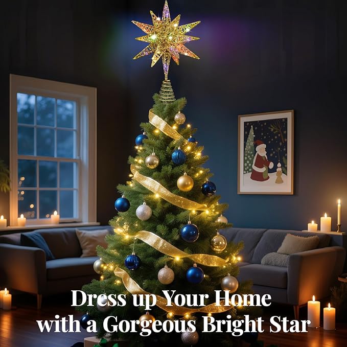 Lewondr Christmas Tree Topper, Plug in 3D Starburst Xmas Lighted Star Tree Topper, Remote Control & Timer Light Up Vintage Moravian Tree Topper for Christmas Decoraiton, Colorful Light, Gold
