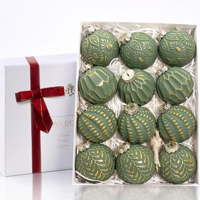 Green and Gold Rustic Christmas Ball Ornaments, 3.15 inches Vintage Christmas Tree Decorations, 12 PCS Large Shatterproof Neutral Farmhouse Luxury Xmas Ornaments for Home Decor