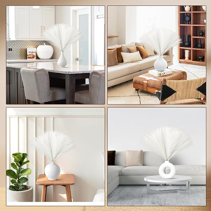 Faux Pampas Grass Decor 17.7 Inch 6pcs, Artificial Pampas Grass Fluffy Home Decor, Short Vase Room Decor pompous Grass Flower Arrangement for Boho Home Wedding Decoration (Milky White)