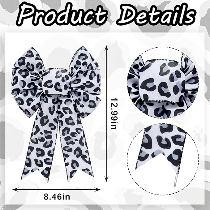 ALIBBON 2 Pcs Leopard Print Bows for Wreaths, Cheetah Black White Wreath Bows, Animal Print Ribbon Bow for Front Door, Farmhouse Decor Tree Topper Bow for Indoor Outdoor Home Holiday Decorations