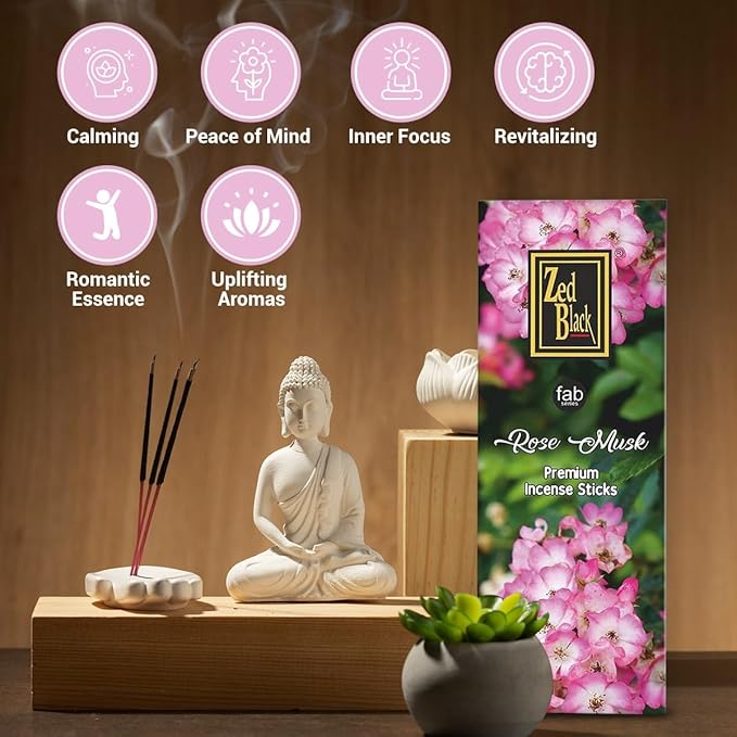 ZED Black Rose Musk Incense Sticks - 20 Sticks per Box -& 6 Boxes Inside (Total 120 Sticks) Premium Quality Incense Sticks for Relaxation, Yoga.