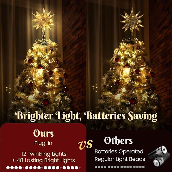 Luxspire Christmas Tree Topper, 3D Starburst Lighted Tree Topper, Plug in Christmas Star with Timer, Light Up Xmas Vintage/Modern Decorations for Holiday, Champagne Gold