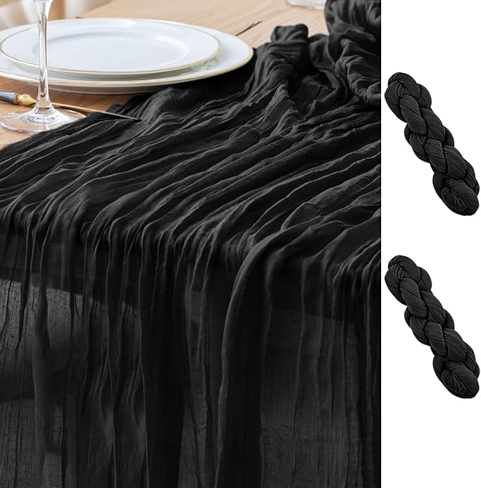 Asee'm 2pcs Cheesecloth Table Runner 120 Inches Long Black Boho Gauze Cheese Cloth Runner 10FT Rustic Sheer Table Runners for Valentine's Day Wedding Party Baby Shower Spring Easter Decoration