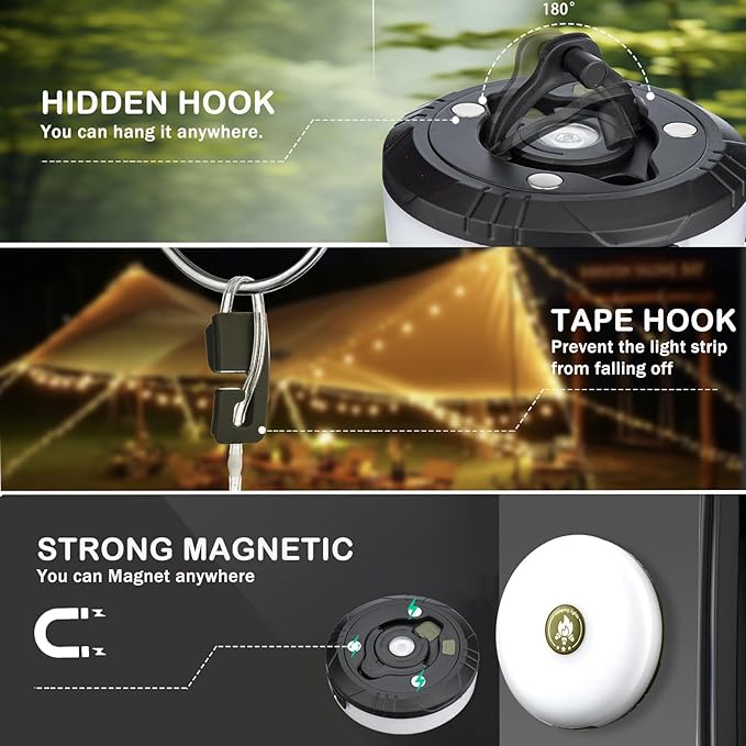 Camping String Lights, 4 in 1 Outdoor Camping Lantern with 8 Lighting Modes(32.8Ft), Quick 30s Recovery, Waterproof, Type-C Fast Charging, Portable Lights for Camping/Yard/Hiking
