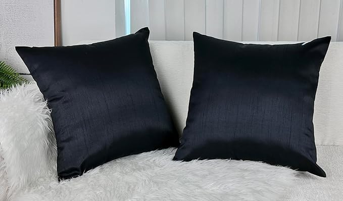 Aiking Home 18x18 Inches Faux Silk Square Throw Pillow Cover, Zipper Closure, Black (Set of 2)